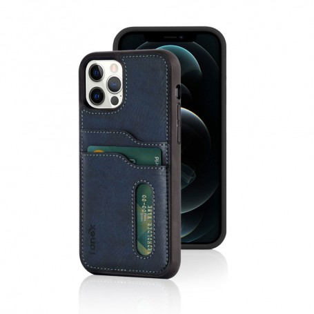 CUSTODIA IN PELLE PER IPHONE 12/12 PRO +TASCHE BLU